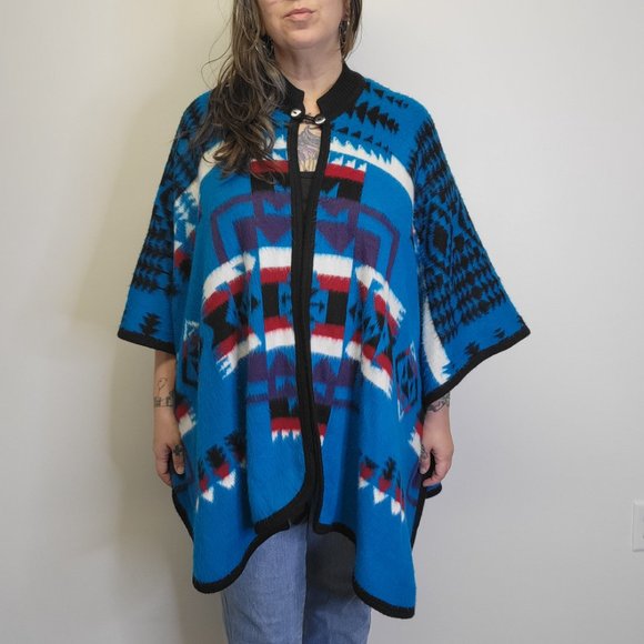 Made in Ecuador Southwestern Blanket Poncho Chief Joseph Super Soft Teal Blue - Picture 2 of 10